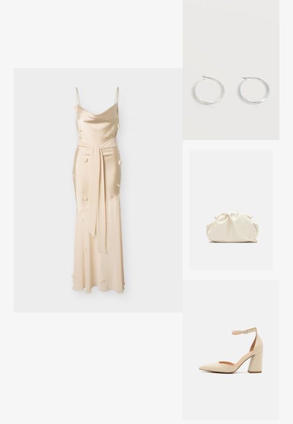 Vestido largo de satén beige con tirantes finos, pequeños apliques de flores de tela y un cinturón a juego para atar en la cintura.; Zapato de tacón alto de charol beige con punta afilada, correa en el tobillo y tacón grueso. Textura suave con detalles de costura mínimos.; Bolso de mano de cuero suave de color crema con diseño fruncido y plisado y una delgada correa para el hombro que descansa delante sobre un fondo liso.; Pendientes de aro de metal plateado con superficie lisa y ligeramente curvada y cierre de tipo mosquetón sobre un fondo blanco liso.