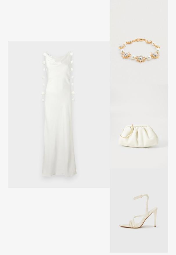 Longue robe blanche en satin avec un design sans manches et des détails floraux 3D le long des ouvertures des bras.; Sandales à talons hauts beiges avec un bout pointu, comportant trois brides à l'avant et une fine bride à la cheville avec une boucle. Texture lisse, design minimaliste.; Sac à main en cuir blanc avec un design plissé, doté d'une bandoulière en chaîne dorée et d'une forme arrondie. Texture lisse avec des plis doux et sans motifs.; Bracelet ton or orné d'embellissements en forme d'étoiles et de perles rondes, souligné par des cristaux transparents, avec une fermeture détaillée et une finition lisse.