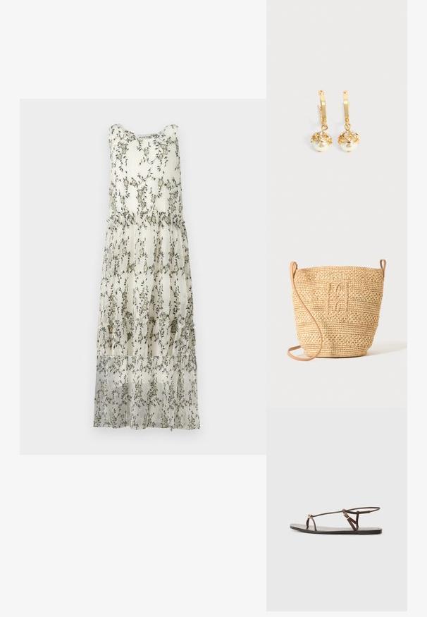 Floral midi dress in cream with black botanical prints. Lightweight, textured fabric with tiered ruffles at the hem and a scoop neckline.; Brown leather sandal with thin straps, a gold circular accent, and a flat sole. Minimalist design with an adjustable buckle detail.; Woven straw bucket bag with textured pattern and leather strap, shown upright on a plain light background.; Gold hoop earrings with dangling white pearls encased in gold and small clear crystals on a plain light background.