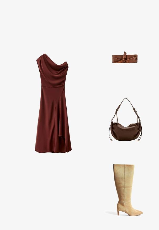 Asymmetrisk midi-kjole i bordeaux satin med én skulder, draperet udskæring og subtilt rynket detaljer på kjolens side.; Beige ruskinds støvle til knæhøjde med spids tå og blokhæl. Glat tekstur, minimalistisk design og lodret syninger på skaftet.; Brun læder skuldertaske med en buet form, justerbar rem og dekorative læderkvaster på begge sider.; Brunt læderbælte med bredt bånd, bundet i en knude i midten, designet som en modeaccessory.