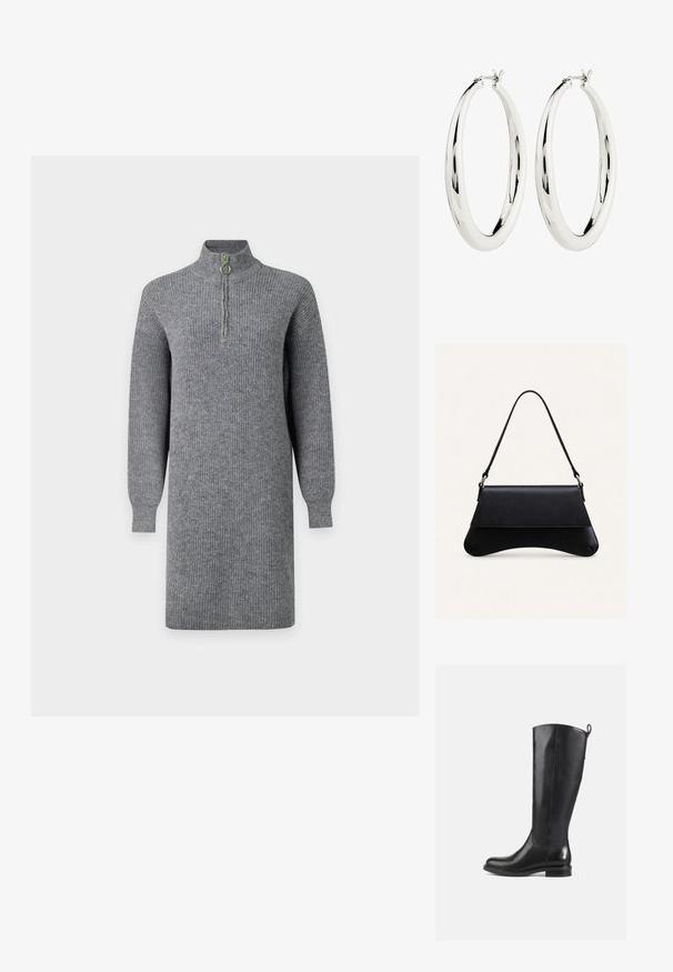 Robe en maille côtelée grise à manches longues, longueur genou, avec demi-fermeture éclair devant sur un col montant, présentée sur un fond uni.; Bottes en cuir noir jusqu'au genou avec une finition lisse, bout rond, talon bas et une languette à l'arrière. Design minimaliste sans motifs visibles.; Sac à main en cuir noir avec un fond arrondi, une fermeture à rabat et une seule fine bandoulière, sur un fond clair uni.; Boucles d'oreilles en argent en forme de halo, avec une surface lisse et réfléchissante. Forme ronde et large avec un fermoir sécurisé en haut. Fini poli mettant en valeur l'éclat.