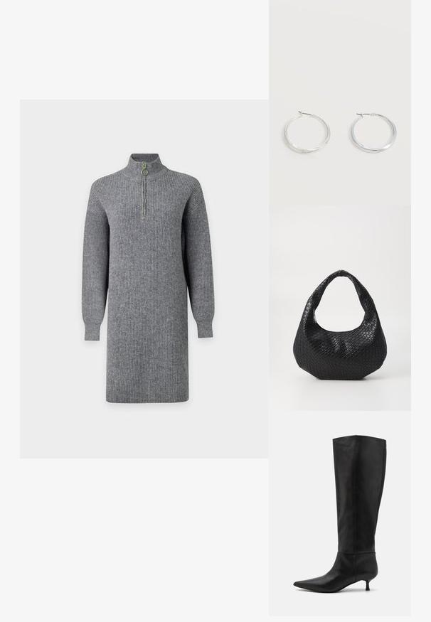 Graues, geripptes Strickkleid mit langen Ärmeln, knielang und einem halben Frontreißverschluss an einem hohen Kragen, vor einem schlichten Hintergrund dargestellt.; Knöchelhohe schwarze Lederstiefel mit einer spitz zulaufenden Zehenpartie und einem Kitten-Heel. Glatte Textur und minimalistisches Design ohne sichtbare Beschläge oder Akzente.; Schwarze gewebte Handtasche mit einem gebogenen Griff, die eine strukturierte Oberfläche und eine lässige Form hat. Glatte Oberfläche mit einer organischen Silhouette.; Silberne Metallcreolen mit glatter, leicht gebogener Oberfläche und Klappverschluss vor schlicht weißem Hintergrund.
