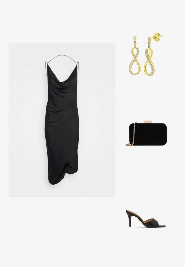 Et Ochs ILA CHAIN COWL NECK MIDI DRESS - Vestido de cóctel - black; Zapatillas de tacón alto abiertas en la parte delantera, de color negro, con un upper de cuero suave, punta almendrada y un elegante tacón de aguja. Detalle decorativo en tono dorado visible.; Clutch de terciopelo negro con herrajes en tono dorado, de forma rectangular y con correa de cadena, que presenta una textura suave y sin patrones visibles.; Pendientes en tono dorado con forma de símbolo de infinito estilizado, adornados con cristales transparentes de corte redondo a lo largo de los bordes. Cierre a presión.