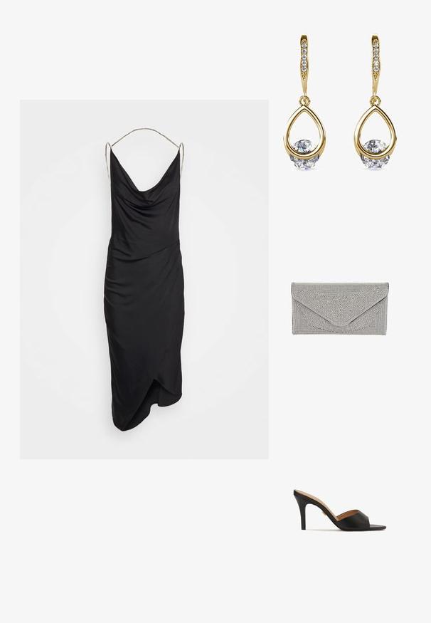 Et Ochs ILA CHAIN COWL NECK MIDI DRESS - Cocktailkleid/festliches Kleid - black; Schwarze offene High-Heel-Mules mit einem glatten Leder-Obermaterial, mandelförmiger Vorderseite und einem eleganten Stiletto-Absatz. Sichtbares Detail in Goldoptik.; Silberne Clutch mit strukturierter, genoppter Oberfläche. Verfügt über ein Umschlagdesign mit schrägem Klappenverschluss und kontrastierendem schwarzen Rand.; Goldene Tropfenohrringe mit runden, klaren Edelsteinen an der Basis. Texturierter Oberbereich mit kleinen, runden Akzenten entlang des Creolen.
