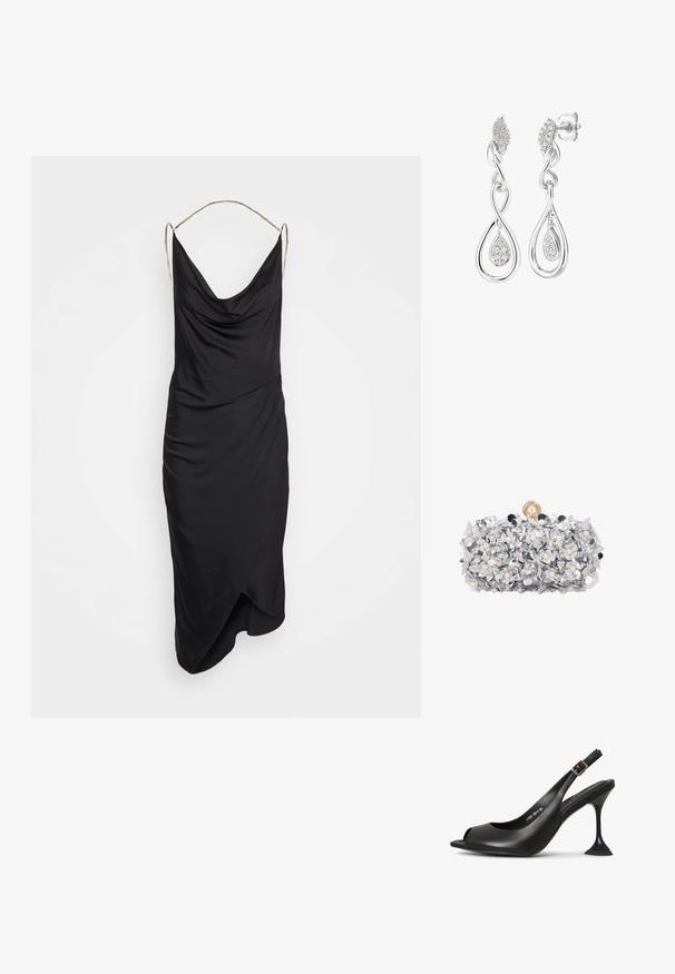 Et Ochs ILA CHAIN COWL NECK MIDI DRESS - Cocktailkjole / festkjole - black; Sort læder slingback hæl med åben tå, spids form, smal hæl der udvider sig, og en firkantet base. Tekstureret overflade og spænde detaljer.; Rektangulær sølvclutch dekoreret med lagdelte metalliske blomster og små perler, med en stor perle-lukning på toppen.; Sølvøreringe med et buet design, et bladmotiv og en dråbeform, dekoreret med små klare ædelstene for glans.