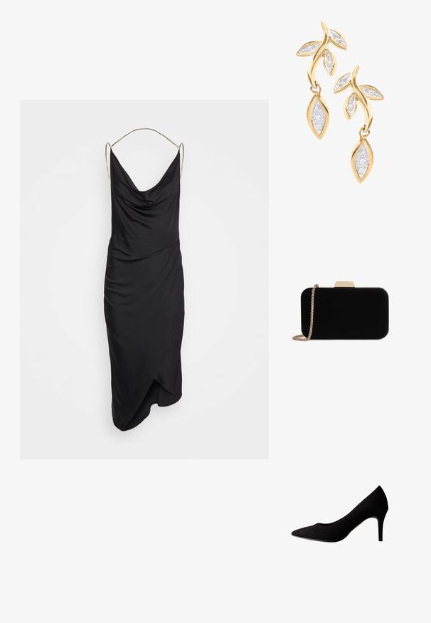 Et Ochs ILA CHAIN COWL NECK MIDI DRESS - Vestido de cóctel - black; Zapato de salón de ante negro con tacón alto, punta puntiaguda y textura suave, con un tacón delgado y costuras sutiles a lo largo de los bordes.; Clutch de terciopelo negro con herrajes en tono dorado, de forma rectangular y con correa de cadena, que presenta una textura suave y sin patrones visibles.; DIAMANT L'ÉTERNEL Pendientes - gold coloured