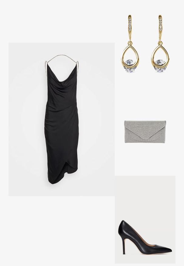 Et Ochs ILA CHAIN COWL NECK MIDI DRESS - Cocktailkleid/festliches Kleid - black; Schwarze Leder-Pumps mit hohem Absatz, spitzem Schuhkopf und schlankem Stiletto-Absatz. Die glatte Textur und die minimalen Details verleihen ein klassisches Design.; Silberne Clutch mit strukturierter, genoppter Oberfläche. Verfügt über ein Umschlagdesign mit schrägem Klappenverschluss und kontrastierendem schwarzen Rand.; Goldene Tropfenohrringe mit runden, klaren Edelsteinen an der Basis. Texturierter Oberbereich mit kleinen, runden Akzenten entlang des Creolen.