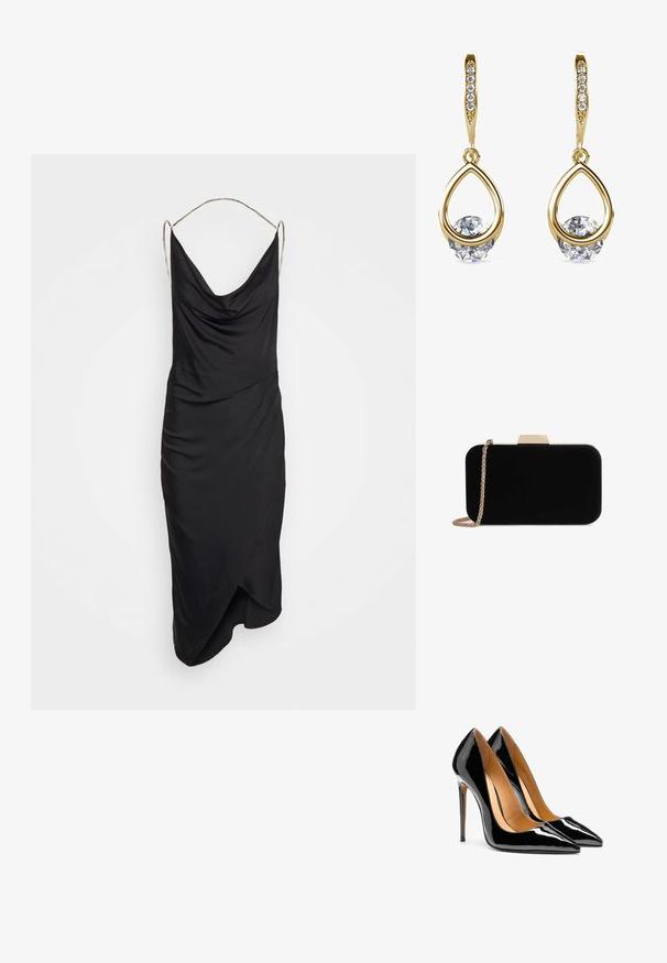 Et Ochs ILA CHAIN COWL NECK MIDI DRESS - Robe de soirée - black; Paire d'escarpins noirs en cuir verni brillant à bout pointu, talons aiguilles et doublure intérieure beige sur fond blanc.; Pochette en velours noir avec quincaillerie dorée, de forme rectangulaire, et une bandoulière en chaîne, présentant une texture lisse et sans motifs visibles.; Boucles d'oreilles en or en forme de goutte avec des pierres précieuses rondes et transparentes à la base. Section supérieure texturée avec de petits accents ronds le long de l'anneau.