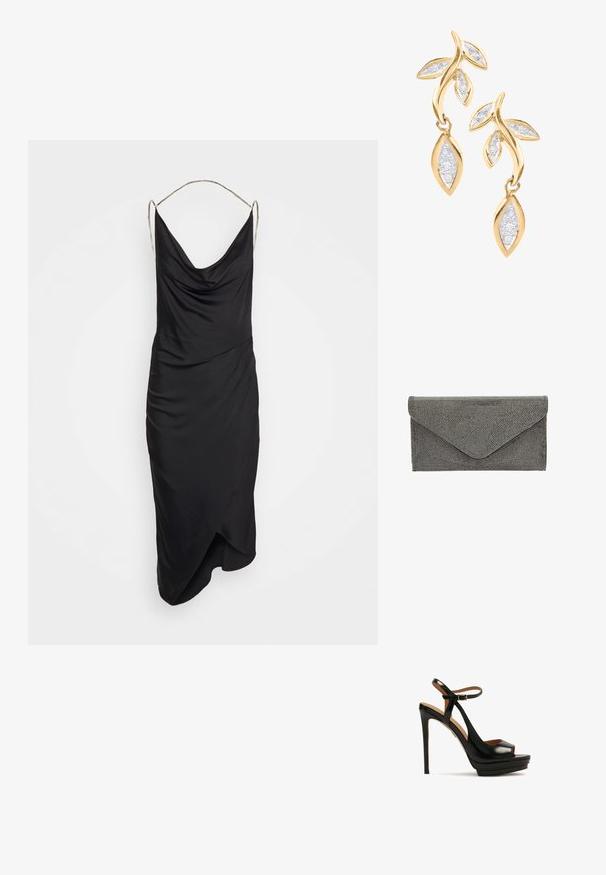 Et Ochs ILA CHAIN COWL NECK MIDI DRESS - Cocktailkleid/festliches Kleid - black; Schwarze High-Heel-Sandale mit offenem Zeh, Knöchelriemen, glänzendem Leder, Plattformsohle und Stiletto-Absatz. Mit goldenen Hardware-Details.; Schwarze Stoffclutch mit strukturiertem, genopptem Muster und Umschlagverschluss, die eine schlanke rechteckige Form aufweist und keine sichtbaren Beschläge besitzt.; DIAMANT L'ÉTERNEL Ohrringe - gold coloured
