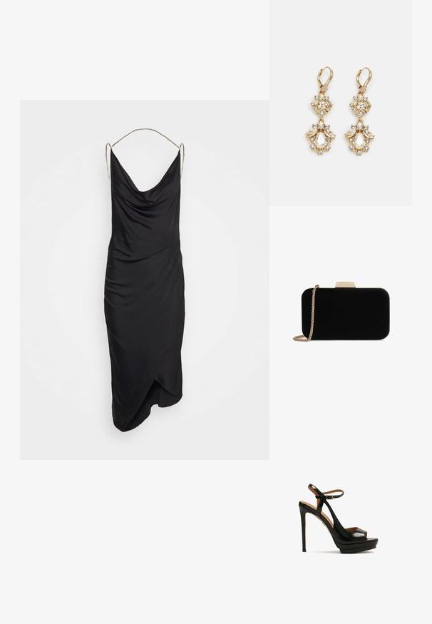 Et Ochs ILA CHAIN COWL NECK MIDI DRESS - Vestido de cóctel - black; Sandalia negra de tacón alto con punta abierta, tira en el tobillo, material de cuero brillante, base de plataforma y tacón stilettos. Detalle de hardware dorado.; Clutch de terciopelo negro con herrajes en tono dorado, de forma rectangular y con correa de cadena, que presenta una textura suave y sin patrones visibles.; Pendientes colgantes en tono dorado con un diseño de racimo que incluye cristales claros en forma redonda y de lágrima, mostrando un detallado intrincado.