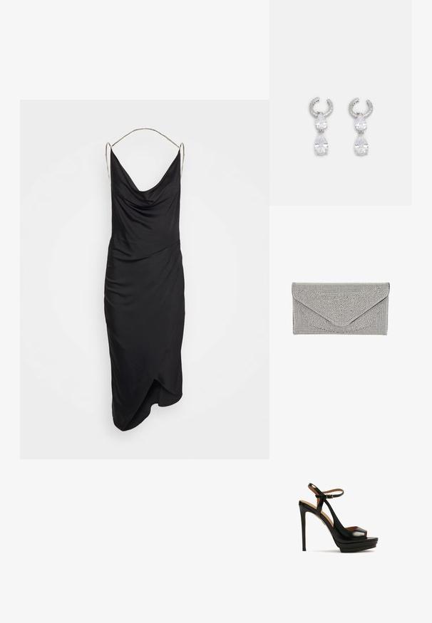 Et Ochs ILA CHAIN COWL NECK MIDI DRESS - Cocktailkleid/festliches Kleid - black; Schwarze High-Heel-Sandale mit offenem Zeh, Knöchelriemen, glänzendem Leder, Plattformsohle und Stiletto-Absatz. Mit goldenen Hardware-Details.; Silberne Clutch mit strukturierter, genoppter Oberfläche. Verfügt über ein Umschlagdesign mit schrägem Klappenverschluss und kontrastierendem schwarzen Rand.; Silberne Ohrringe mit einem strukturierten Ringdesign, ausgestattet mit zwei klaren tropfenförmigen Kristallen und einem kleineren quadratischen Kristall an der Unterseite.