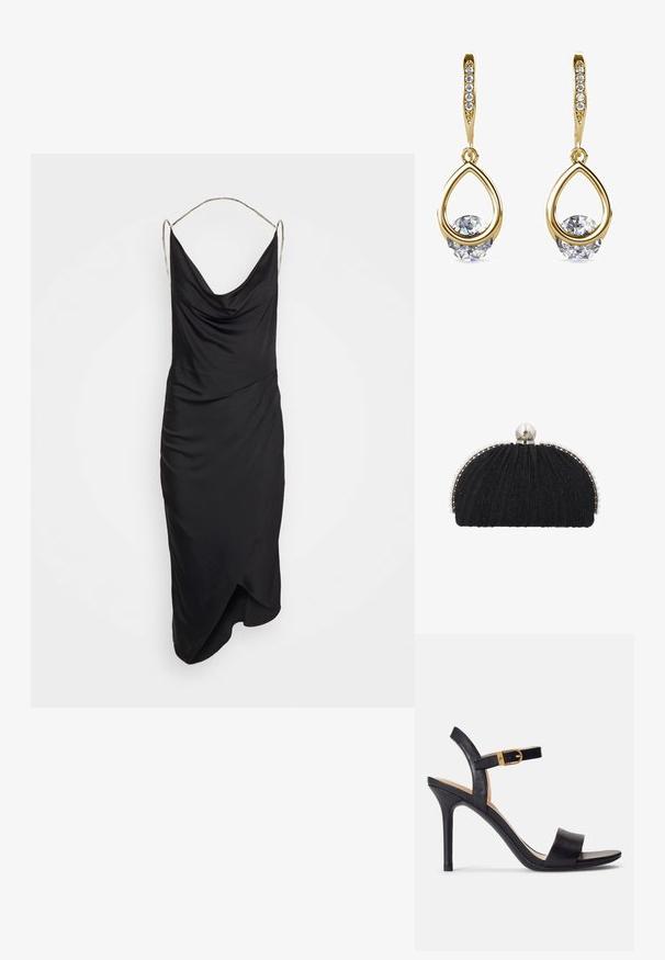 Et Ochs ILA CHAIN COWL NECK MIDI DRESS - Cocktailjurk - black; Zwarte hoge hakken sandalen met een glad leren bovenwerk, open neus en een ontwerp met één band met een gouden gespaccent.}}; Zwarte avondclutch met gestructureerde stof, omlijst door een rij kleine parels en een grote parelsluiting bovenop.; Gouden druppeloorbellen met ronde, heldere edelstenen aan de basis. Gelaagd bovenstuk met kleine, ronde accenten langs de ring.