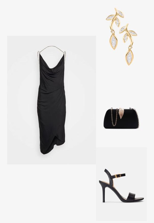 Et Ochs ILA CHAIN COWL NECK MIDI DRESS - Robe de soirée - black; Sandales à talons hauts noires avec un dessus en cuir lisse, bout ouvert et un design à une seule sangle agrémenté d'une boucle en or.; Pochette rectangulaire noire avec fermoir feuille dorée et chaîne assortie sur fond blanc.; DIAMANT L'ÉTERNEL Boucles d'oreilles - gold coloured