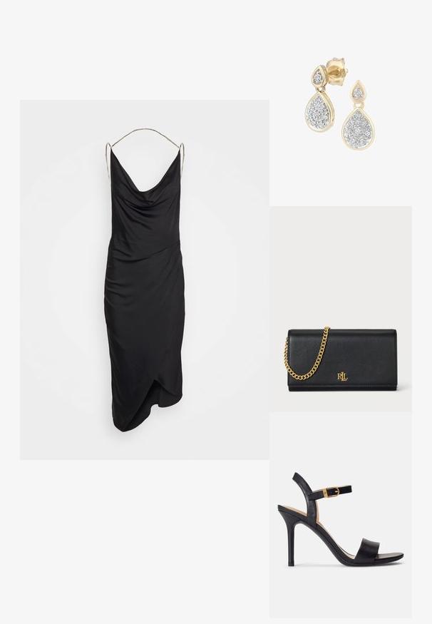 Et Ochs ILA CHAIN COWL NECK MIDI DRESS - Cocktailkleid/festliches Kleid - black; Schwarze Sandalen mit hohen Absätzen und glattem Leder-Obermaterial, offene Zehenpartie und einem Design mit einem einzigen Riemen, verziert mit einer goldenen Schnalle.; Schwarze Lederbörse mit einer goldenen Kettenriemen, ausgestattet mit einem goldenen Logo auf der Vorderseite. Minimalistisches Design mit einer glatten Textur und schlanker Form.; Tropfenohrringe mit einem goldenen Rahmen und silbernen Akzenten, verziert mit mehreren kleinen, runden glitzernden Steinen in einer dekorativen Anordnung.