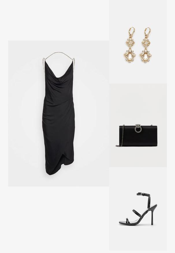 Et Ochs ILA CHAIN COWL NECK MIDI DRESS - Cocktailjurk - black; Zwarte gepatineerde leren hoge hak sandalen met drie horizontale banden en een verstelbare enkelband. Slanke silhouette en glanzende afwerking.; Zwarte satijnen clutch met een zilverkleurige ronde sluiting versierd met rhinestones, heeft een afneembare kettingriem.; Gouden hangoorbellen met een clusterontwerp, versierd met ronde en druppelvormige heldere kristallen, die zich kenmerken door ingewikkelde details.