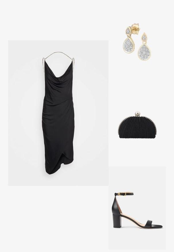 Et Ochs ILA CHAIN COWL NECK MIDI DRESS - Cocktailkjole / festkjole - black; Lauren Ralph Lauren LOGAN BURNISHED LEATHER SANDAL - Sandaler - black; Sort aftenclutch med tekstureret stof, indrammet af en række små perler og en stor perle-lukning på toppen.; Dråbeøreringe med en guldramme og sølvdetaljer, prydet med flere små, runde glitrende sten i et dekorativt mønster.