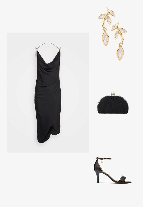 Et Ochs ILA CHAIN COWL NECK MIDI DRESS - Cocktailjurk - black; Zwarte leren hoge hak sandaal met een enkele band over de tenen, enkelband, gouden hardware en een slanke stiletto hak.; Zwarte avondclutch met gestructureerde stof, omlijst door een rij kleine parels en een grote parelsluiting bovenop.; DIAMANT L'ÉTERNEL Oorbellen - gold coloured