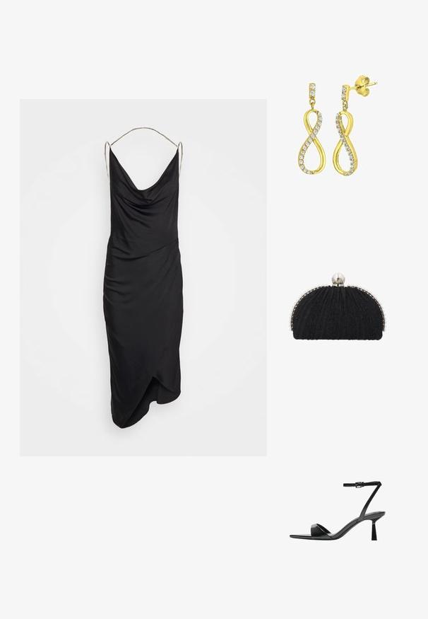 Et Ochs ILA CHAIN COWL NECK MIDI DRESS - Cocktailkleid/festliches Kleid - black; Bershka High Heel Sandalette - black; Schwarze Abend-Clutch mit strukturiertem Stoff, eingefasst von einer Reihe kleiner Perlen und einem großen Perlenverschluss oben.; Goldfarbene Ohrringe in Form eines stilisierten Unendlichkeitssymbols, verziert mit klaren, runden, geschliffenen Kristallen entlang der Kanten. Mit Steckverschluss.