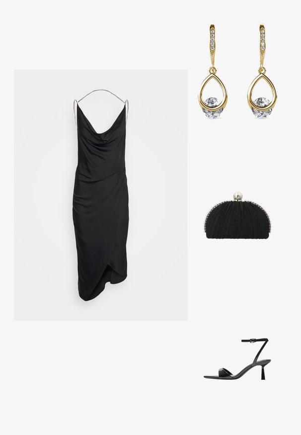 Et Ochs ILA CHAIN COWL NECK MIDI DRESS - Cocktailkleid/festliches Kleid - black; Bershka High Heel Sandalette - black; Schwarze Abend-Clutch mit strukturiertem Stoff, eingefasst von einer Reihe kleiner Perlen und einem großen Perlenverschluss oben.; Goldene Tropfenohrringe mit runden, klaren Edelsteinen an der Basis. Texturierter Oberbereich mit kleinen, runden Akzenten entlang des Creolen.