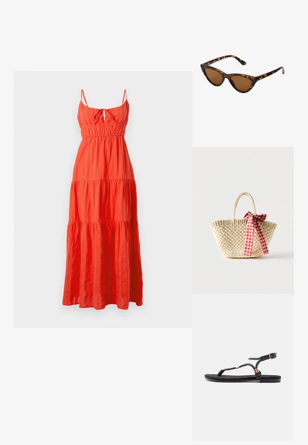 Vestido maxi de tela naranja brillante, con tirantes finos, un detalle de lazo en el frente y volantes en capas. Ligero, de una mezcla de algodón texturizado.; Sandalias planas negras con tiras trenzadas y un acento metálico. Presentan una hebilla ajustable y una suela de goma plana para mayor comodidad.; Gafas de sol estilo ojo de gato con montura de carey negra y naranja, lentes marrones y puntas elegantes y afiladas. Presenta un logo minimalista en la patilla.; Bolso tote de paja tejido con asas trenzadas y un lazo de cinta a cuadros rojos y blancos atado a un lado.