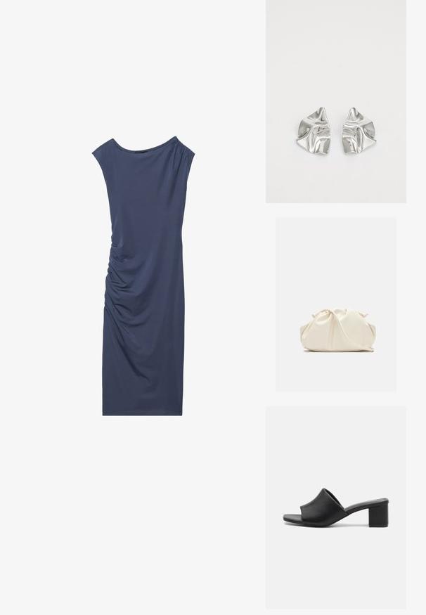 Robe sans manches en tissu bleu foncé, avec un décolleté arrondi et un détail froncé sur le côté créant texture et forme.; Mules à talons carrés en cuir noir avec un bout ouvert, présentant une surface lisse et un upper légèrement courbé pour le confort et le style.; Pochette en cuir souple couleur crème avec un design froncé et une fine bandoulière reposant à l’avant sur un fond uni.; Boucles d'oreilles en métal argenté avec un design ondulé et sculptural, présentant une finition polie et des formes irrégulières, mettant en valeur une esthétique contemporaine.