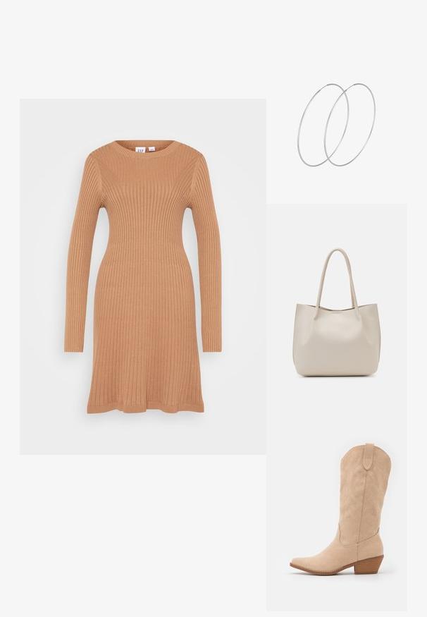 GAP CREW NECK DRESS - Svetríkové šaty - camel hair; Bežové semišové kovbojské topánky s špicatou špičkou a jemne textúrovaným siluetom. Obsahujú dekoratívne šitie a nízky stohovaný podpätok.; Béžová kožená taška na rameno s dvoma popruhmi, hladká textura a otvorený dizajn na vrchu. Disponuje minimalistickým štýlom bez viditeľného kovania.; Strieborné kruhové náušnice s minimalistickým dizajnom. Cirkulárny tvar, hladký povrch a tenký profil. Ľahké s lesklým povrchom.