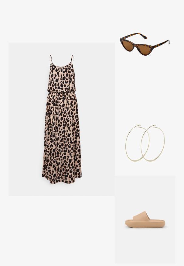 Maxikjole med leopardmønster, spaghetti-stropper, indsyet talje og en svævende silhuet, fremstillet af letvægtsstof i beige og sort.; Tan slidesandal med en tykk tekstureret rem og en rund sål. Har en glat overflade og en mønstret underside for bedre greb.; Kat-ejede solbriller med en sort og orange skildpaddemønstret stel, brune linser og slanke, spidse ender. Har et minimalistisk logo på skabelsen.; Pilgrim Øreringe - gold-coloured