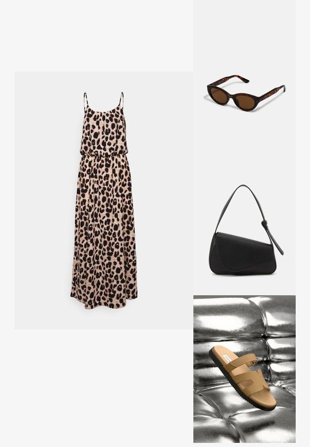 Robe maxi imprimée léopard avec des bretelles spaghetti, taille cintrée, silhouette fluide, confectionnée en tissu léger beige et noir.; Des sandales à glissière marron présentant deux larges lanières avec des découpes, un dessus en cuir lisse et une semelle en caoutchouc noir texturé, mises en valeur sur un fond métallique.; Lunettes de soleil en écaille de tortue marron avec une forme vintage de lunettes cat-eye et des verres marron. Présente des branches courbées avec des accents rouges.; Sac à main en cuir noir de forme triangulaire, avec un rabat incliné et une poignée supérieure arrondie. Il présente une texture lisse et des détails de design minimalistes.