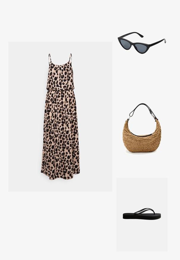 Vestido maxi de estampado de leopardo con tirantes finos, cintura ceñida, silueta fluida, confeccionado en tejido ligero en beige y negro.; Chancla negra de goma con suela texturizada y correa en forma de Y, mostrada en vista lateral sobre un fondo liso y claro.; Gafas de sol negras en forma de ojo de gato con lentes gris oscuro, marco de plástico elegante, esquinas puntiagudas y patillas rectas. Sin herrajes ni acentos visibles.; Bolso de mano de paja trenzada en beige con una silueta curva, que presenta una correa de cuero negro y detalles metálicos plateados. Acabado texturizado.