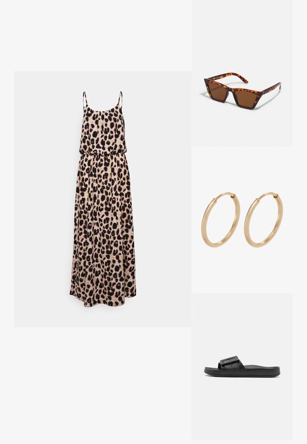Vestido maxi de estampado de leopardo con tirantes finos, cintura ceñida, silueta fluida, confeccionado en tejido ligero en beige y negro.; Chancla negra con una correa ancha, hebilla ajustable, suela plana y textura mate suave. Diseño simple sin patrones adicionales.; Gafas de sol con tonalidades marrones y un patrón de carey, de montura angular y brazos delgados. Material plástico ligero.; Pendientes de aro de oro con un acabado suave y pulido. Forma redondeada, tamaño mediano, con un mecanismo de cierre seguro.