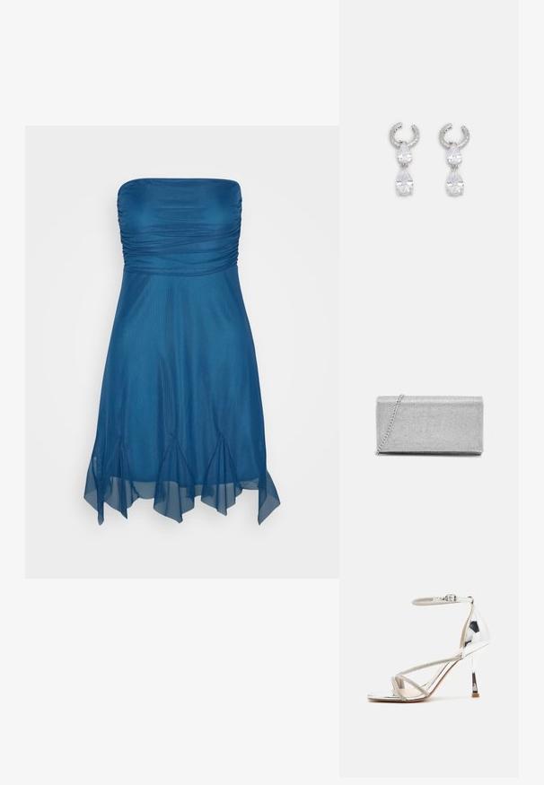 WAL G. DAN MINI - Hverdagskjole - dark teal blue; Sølv højhælede sandal med en snøredesign, glitrende materiale, rhinsten accenter og en slank ankelrem. Firkantet tå og poleret hæl.; Sølvmetallic clutchtaske med vævet netdesign, rektangulær form og en kædestrop til at bære. Glat tekstur og poleret finish.; Sølv øreringe med et tekstureret hoops-design, der har to klare dråbeformede krystaller og en mindre firkantet krystal nederst.