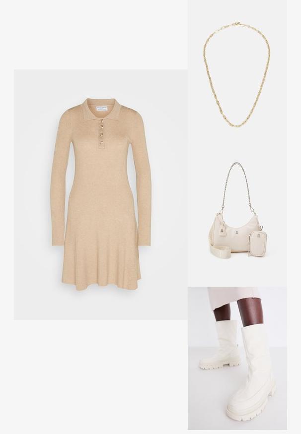 Langharige geribde jurk in beige met een polo kraag en een sluiting met vijf gouden knopen. Uitlopende zoom. Zachte textuur, aangesloten bij het lijf.; Witte enkelboots met een zachte, gestructureerde afwerking, voorzien van een robuuste rubberen zool en een sculpturale vorm voor een modern ontwerp.; Beige leren handtas met een gebogen vorm, kettingriem, zilveren hardware en een afneembare kleine tas. Gestructureerde riem met logo-patroon.; Fossil NECKLACE HERITAGE - Ketting - gold-coloured