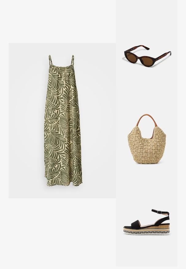 Vestido maxi sin mangas en verde y crema, con un patrón de hojas. Fabricado en tela ligera con un escote elástico y tirantes.; Sanda negra de ante con una tira ancha, hebilla en el tobillo y una suela de cuña estratificada que presenta texturas naturales y un patrón trenzado.; Gafas de sol de carey marrón con una forma vintage de ojo de gato y lentes marrones. Presentan brazos curvados con acentos rojos.; Bolsa de tote de paja trenzada con una textura natural y una forma suave y orgánica, con asas de cuero marrón para un fácil transporte.