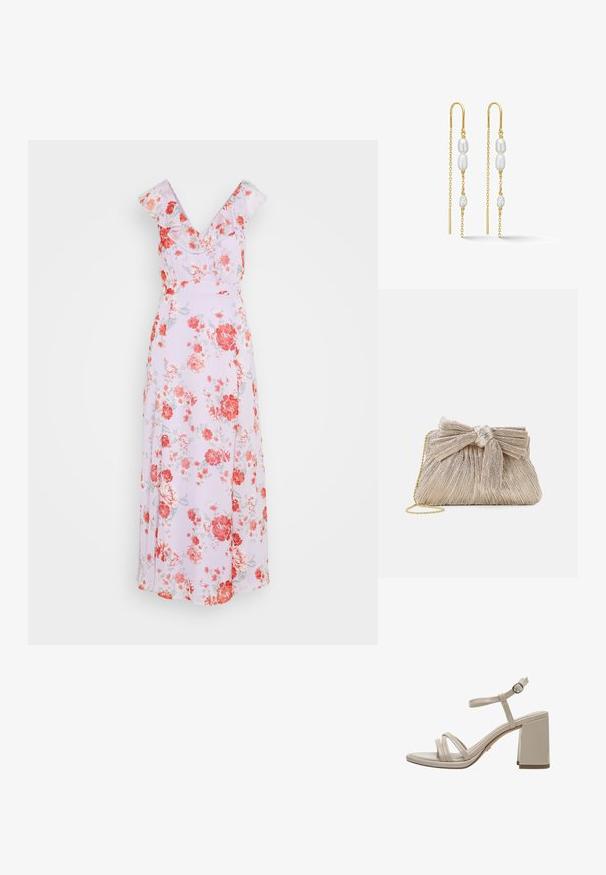 VILA VIRILLA V NECK FRILL ANKLE DRESS - Μάξι φόρεμα - pastel lilac; Μπεζ σανδάλι με ανοιχτά δάχτυλα, τρεις μπροστινές λουρίδες, λουρί στο αστράγαλο με ασημένια αγκράφα και χοντρό μεσαίο τετράγωνο τακούνι.; Μεταλλική χρυσή τσάντα με πτυχώσεις και λεπτομέρεια φιόγκου στην κορυφή, συνοδευόμενη από μια χρυσή αλυσίδα για ευχρηστία και ευκολία στη μεταφορά.; Σκουλαρίκια κρεμαστά σε χρυσαφί απόχρωση με λευκές πέρλες και αλυσίδες, με επιμήκη γάντζο και λεπτά στοιχεία σε μπάρα για επιπλέον λεπτομέρεια.