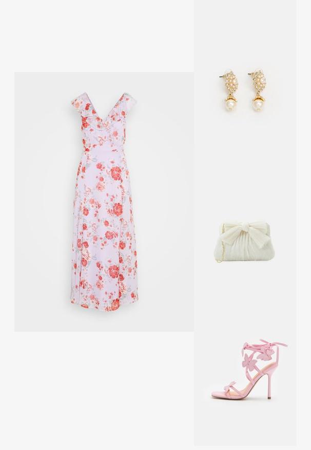 VILA VIRILLA V NECK FRILL ANKLE DRESS - Maksikleit - pastel lilac; Roosa kõrge kontsaga sandaal, millel on liblikamotiivid, valmistatud siledast materjalist. Omab peeneid rihmasid ja sale konts.; Valge volditud klamberkott, millel on silmapaistev lipsu detail ja kuldne ketstrap. Pehme tekstuur ja kogutud disain ees.; Kuldtooniga kõrvarõngad, millel on lilleline disain ja pärliläikega aktsendid, koos suurema pärlipoolusega. Kaunistatud väikeste, selgete kristallidega.