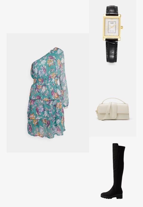 ONLY ONLASTA EMMA ONESHOULDER DRESS - Cocktailkleid/festliches Kleid - deep jungle tea floral; Schwarze Overknee-Stiefel aus weichem Wildleder mit flacher Sohle, abgerundetem Zehenbereich und elastischen Seiteneinsätzen für ein einfaches An- und Ausziehen.; Cremfarbene Lederhandtasche mit rechteckiger Form, flachem Griff und abnehmbarem Schulterriemen; verfügt über einen vorderen Klappverschluss mit Magnetverschluss.; Goldfarbene rechteckige Quarzuhr mit einem silbernen strukturierten Zifferblatt, schwarzem Lederarmband und wasserfester Eigenschaft. Arabische Ziffern bei 12, 3, 6 und 9.