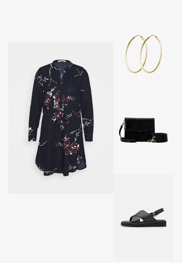 ONLY ONLCORY LIFE NOOS - Vestido camisero - dark blue; Sandalias de cuero negras con diseño de tiras cruzadas, hebilla ajustable y suela texturizada con estrías para un mejor agarre.; Bolso bandolera de faux cuero negro con textura de cocodrilo, herrajes dorados y una correa desmontable. Cuenta con un cierre de solapa y un compartimento interior.; Pendientes de aro de oro con un diseño suave y redondeado y un acabado brillante. Construcción ligera con un cierre de broche seguro.