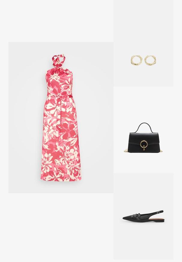 Anna Field Vapaa-ajan mekko - pink; Musta nahkainen slingback-tasapohjashoe, jossa on teräväkärkinen muotoilu, kaksi vaakasuoraa hihnaa ja neliönmuotoiset hopeiset soljet, matala korko ja sileä pinta.; Mustan suorakaiteen muotoinen käsilaukku, joka on valmistettu nahasta ja jossa on sileä pinta. Laukussa on kultainen pyöreä metalliosuus ja lyhyt kahva.; Kultaiset renkaat, joissa on teksturoitu, epäsäännöllinen muoto. Varustettu saumattomalla suljinnalla ja kiillotetulla pinnalla, mikä korostaa modernia muotoilua.