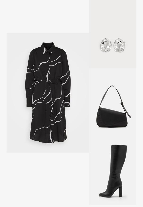 Vero Moda VMLYDIA SHIRT DRESS - Robe chemise - black; Botte en cuir noir à hauteur de genou avec un bout pointu et un talon bloc haut. Texture lisse avec un design minimaliste et sans matériel visible.; Sac à main en cuir noir de forme triangulaire, avec un rabat incliné et une poignée supérieure arrondie. Il présente une texture lisse et des détails de design minimalistes.; Boucles d'oreilles en forme abstraite argentées avec une finition poli, présentant des courbes lisses et des contours subtils. Pas de motifs ou d'accents visibles.