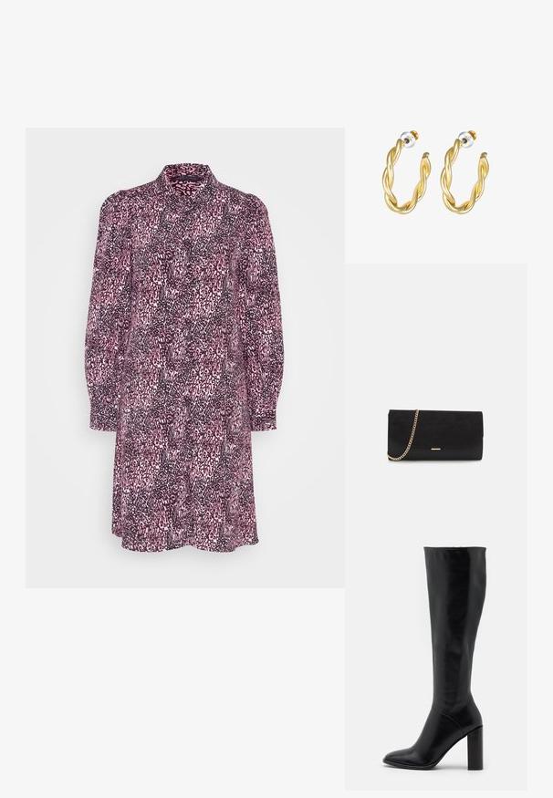 Marks & Spencer MINI COLUMN SHIRT - Skjortekjole - pink mix; Knæhøje sorte læderstøvler med spids tå og kraftig hæl. Glat tekstur med minimale detaljer og et tætsiddende skaftdesign.; Sort clutch taske lavet af ruskind med en struktureret overflade, udstyret med en guld kædestrop og et elegant, kantet design.; Guld snoede hoops øreringe med en glat overflade, der har en transparent baggrund og hardware i guldtoner.