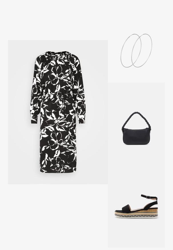 Vero Moda VMPOLLIANA INGE CALF DRESS - Vestido informal - black/polliana; Sanda negra de ante con una tira ancha, hebilla en el tobillo y una suela de cuña estratificada que presenta texturas naturales y un patrón trenzado.; Bolso negro de forma redondeada, hecho de material liso. Presenta un asa trenzada y un cierre de cremallera para un almacenamiento seguro.; Pendientes de aro plateados con un diseño minimalista. Forma circular, textura suave y perfil delgado. Livianos con un acabado pulido.