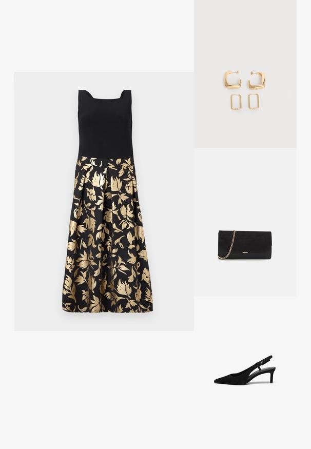 Ärmelloses Kleid mit einem taillierten schwarzen Oberteil und einem plissierten Rock mit goldenen Blumenmustern auf schwarzem Hintergrund.; Schwarzer Wildlederslingback-Schuh mit spitzem Zehenbereich, niedrigem Absatz, offenen Seiten und verstellbarem Riemen mit einer Metallschnalle. Glatte Textur.; Schwarze Clutch aus Wildleder mit strukturierter Oberfläche, ausgestattet mit einem goldenen Kettenriemen und einem eleganten, kantigen Design.; Zwei Paare goldfarbener geometrischer Creolen auf einer schlichten weißen Oberfläche, ein Paar quadratisch und massiv, ein Paar rechteckig und hohl.