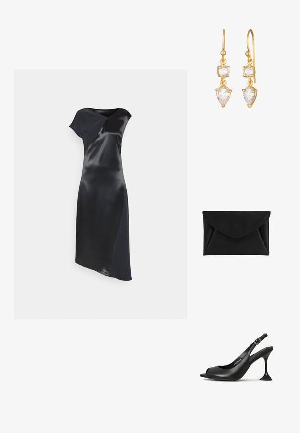 Calvin Klein NAIA SHINE MIDI DRESS - Cocktailkjole / festkjole - black; Sort læder slingback hæl med åben tå, spids form, smal hæl der udvider sig, og en firkantet base. Tekstureret overflade og spænde detaljer.; Sort kuvertlignende clutchtask med spids klap og synlig syning på hvid baggrund.; Guldtonede øreringe med en pæreformet krystal der hænger under en mindre rund krystal, begge sat i et krone-design.