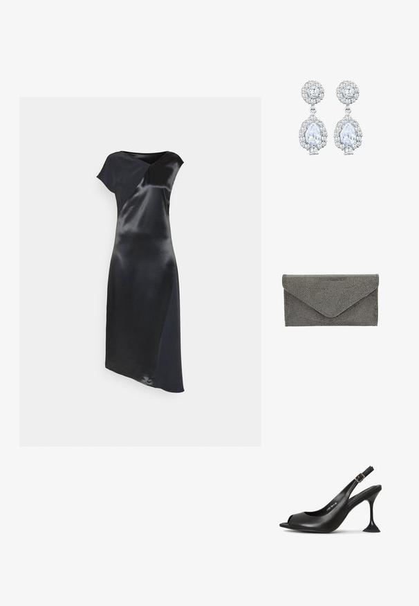 Calvin Klein NAIA SHINE MIDI DRESS - Cocktailkjole / festkjole - black; Sort læder slingback hæl med åben tå, spids form, smal hæl der udvider sig, og en firkantet base. Tekstureret overflade og spænde detaljer.; Sort stof clutch med tekstureret naglemønster og kuvertlukning, der har en slank rektangulær form og ingen synlig hardware.; Sølvfarvede øreringe med en rund stud med pavé-indstilling og en pæreformet dråbe omgivet af mindre sten, hvilket fremhæver en funkende effekt.