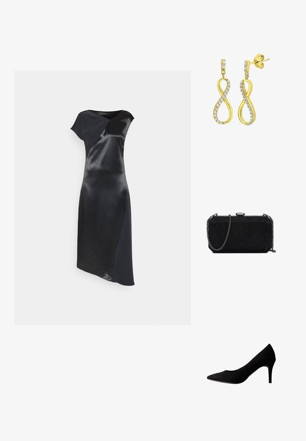 Calvin Klein NAIA SHINE MIDI DRESS - Robe de soirée - black; Escarpin à talon haut en daim noir avec un bout pointu et une texture lisse, doté d'un talon fin et d'une couture discrète le long des bords.; Petit sac pochette noir rectangulaire avec surface texturée cloutée et fine bandoulière chaîne en métal sur fond blanc.; Boucles d'oreilles dorées en forme de symbole d'infini stylisé, ornées de cristaux transparents taillés en rond le long des bords. Fermeture à tige.