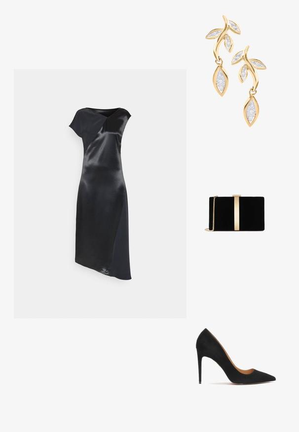 Calvin Klein NAIA SHINE MIDI DRESS - Vestido de cóctel - black; Zapato de tacón alto de ante negro con punta afilada, textura suave y una silueta elegante. Presenta un tacón de aguja delgada y lados abiertos.; Clutch de terciopelo negro con un acento metálico en tono dorado en el centro, que presenta una cadena y una forma rectangular elegante.; DIAMANT L'ÉTERNEL Pendientes - gold coloured