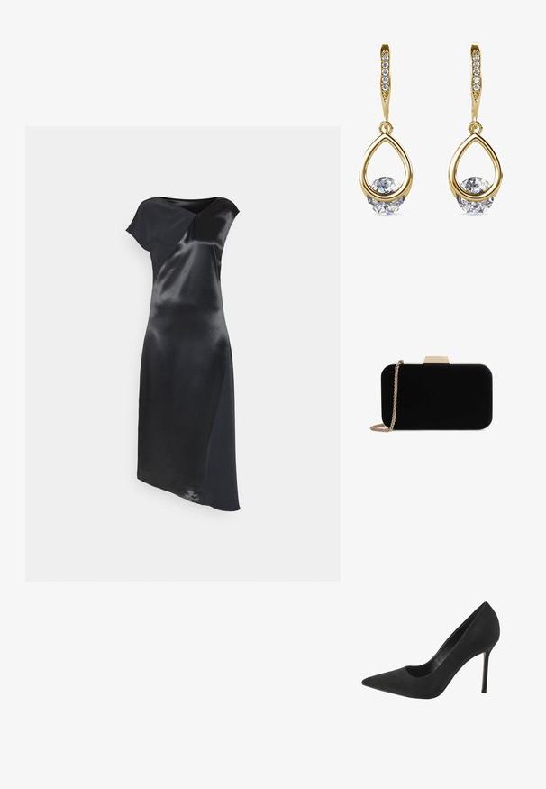 Calvin Klein NAIA SHINE MIDI DRESS - Robe de soirée - black; Escarpin haut en daim noir avec un bout pointu et un détail en découpes sur le côté ; doté d'un talon aiguille élancé et d'une doublure intérieure lisse.; Pochette en velours noir avec quincaillerie dorée, de forme rectangulaire, et une bandoulière en chaîne, présentant une texture lisse et sans motifs visibles.; Boucles d'oreilles en or en forme de goutte avec des pierres précieuses rondes et transparentes à la base. Section supérieure texturée avec de petits accents ronds le long de l'anneau.