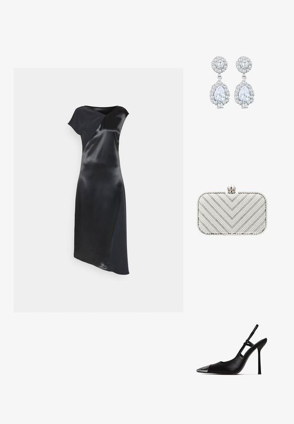 Calvin Klein NAIA SHINE MIDI DRESS - Cocktailkleid/festliches Kleid - black; Schwarzer Slingback-Pump mit spitzem Zeh und glänzender metallischer Kappe. Verfügt über einen hohen Stiletto-Absatz und einen schmalen Knöchelriemen. Glatte Lederoberfläche.; Rechteckige weiße Clutch-Tasche, verziert mit Reihen von Perlen und silbernen Glitzerstreifen, die ein Chevron-Muster bilden, mit einem Perlenverschluss oben.; Ohrringe in Silberfarbe mit einem runden Stecker im Pavé-Stil und einem tropfenförmigen Anhänger, der von kleineren Steinen umgeben ist, was einen funkelnden Effekt betont.
