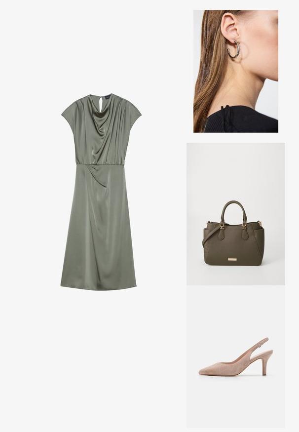 Satin grøn kjole med cap sleeves, draperet halsudskæring og rynket talje. Har en nøglehuldsdetalje på ryggen og falder til midt på læggen.; Slingback højhælet sko i blød beige ruskind, spids tå, slank hæl og justerbar ankelrem med en rund spænde.; Olivengrøn struktureret håndtaske med dobbelte håndtag, aftagelig skulderrem, sidelommer og hardware i gyldent tone på hvid baggrund.; Sølv hoop ørestik med en poleret overflade, prydet med små guld accenter og en rund form, båret på øreflippen.