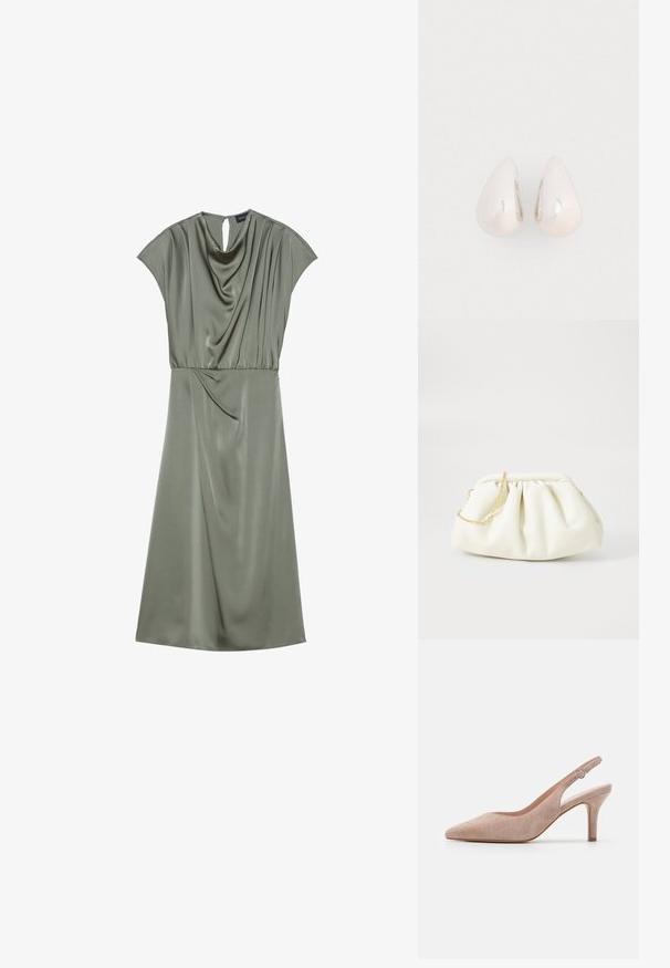 Satin grünes Kleid mit kurzen Ärmeln, drapiertem Ausschnitt und gerafftem Taillenbereich. Besitzt ein Schlüssel-Ausschnitt-Detail auf der Rückseite und fällt bis zur Mitte der Wade.; Slingback-Pumps aus weichem beigem Wildleder, mit spitzer Zehenform, schlankem Absatz und verstellbarem Knöchelriemen mit einer runden Schnalle.; Weiße Lederhandtasche mit einem gerafften Design, ausgestattet mit einem goldenen Kettenriemen und einer runden Form. Glatte Textur mit sanften Falten und ohne Muster.; Silberne Metall-Ohrringe in Tropfenform mit einer glatten, reflektierenden Oberfläche, die ein nahtloses Design und keine sichtbaren Verzierungen aufweisen.
